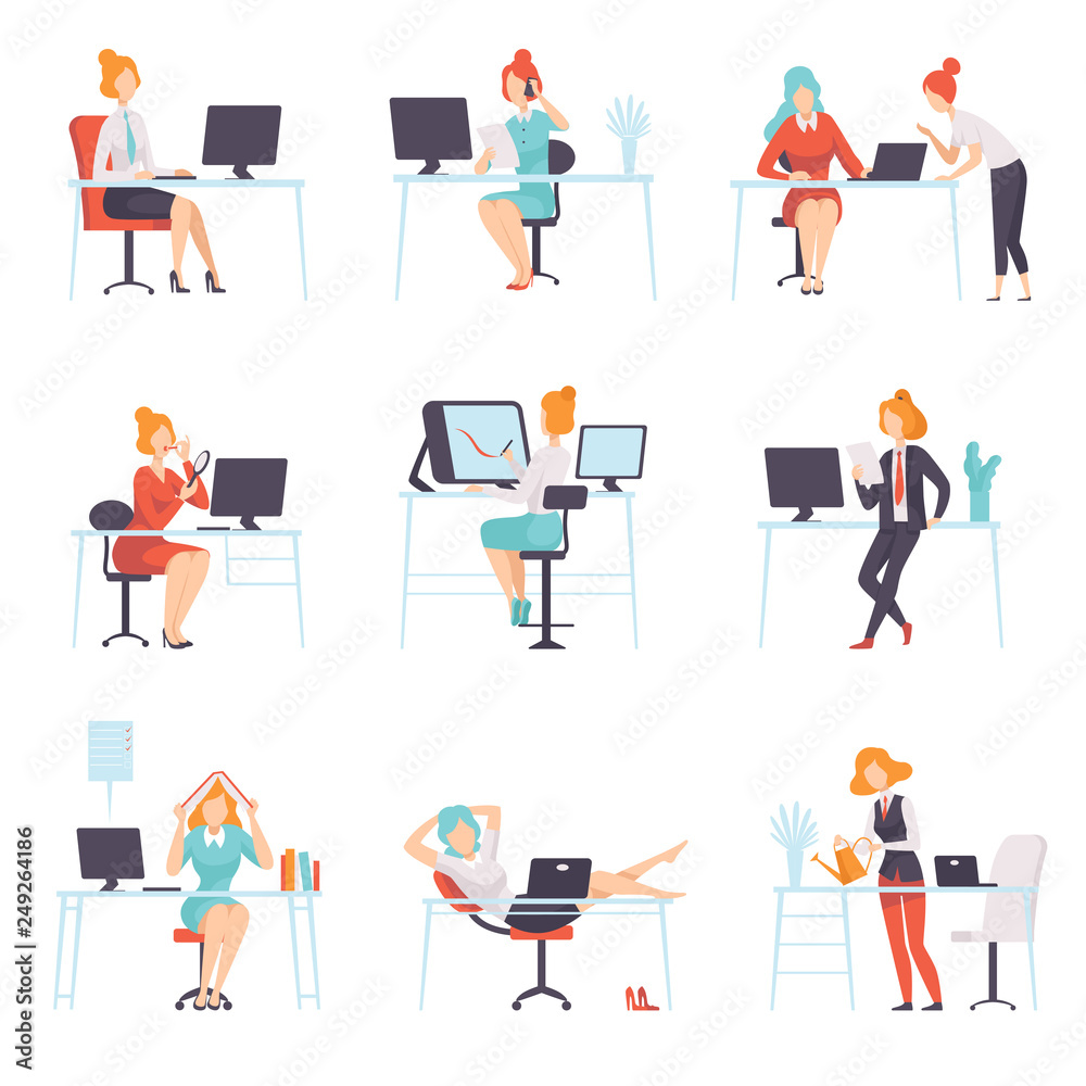 Businesswomen Working in Office Set, Business Employee Character Daily Routine Vector Illustration