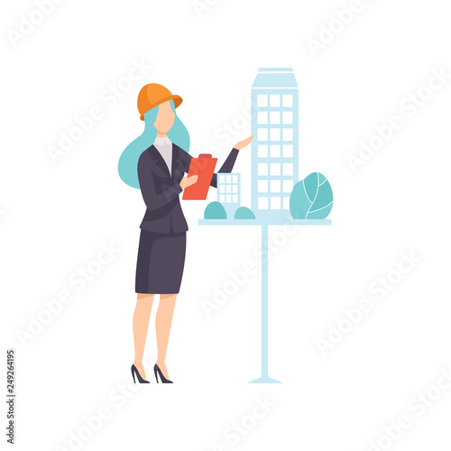 Architect Woman Character Wearing Orange Safety Helmet Presenting Her Project Vector Illustration