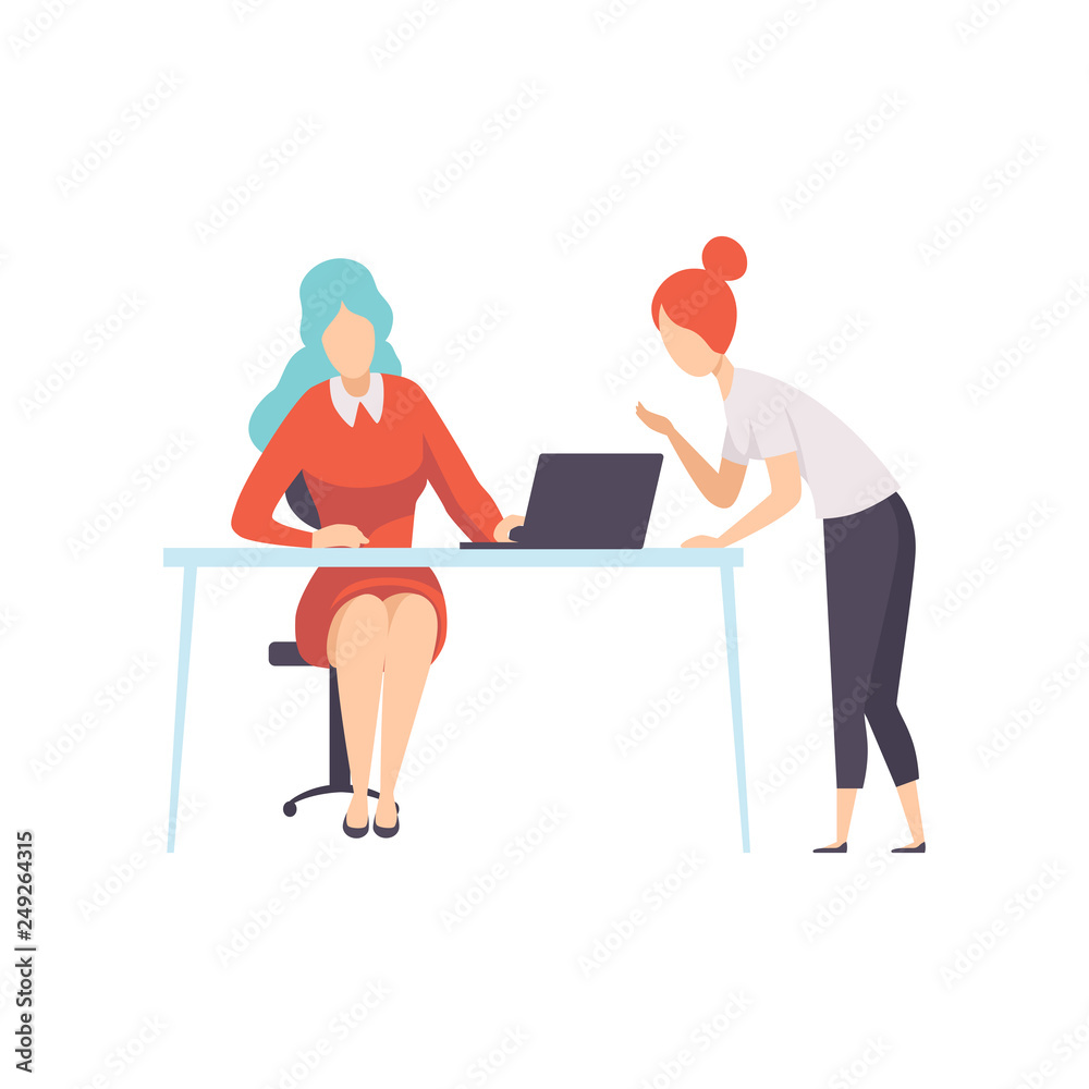 Two Businesswoman Working in Office, Office Employee Characters Working on Project Vector Illustration