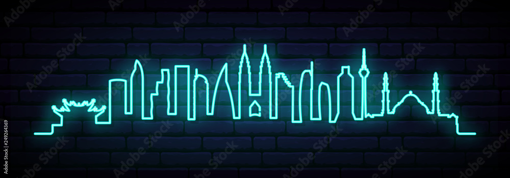 Fototapeta premium Niebieska neonowa panorama miasta Kuala Lumpur. Jasny, długi baner Kuala Lumpur. Ilustracji wektorowych.