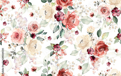 Seamless pattern with flowers and leaves. Hand drawn background.  floral pattern for wallpaper or fabric. Flower rose. Botanic Tile.