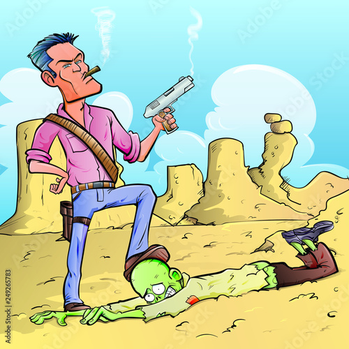 Cartoon zombie killer standing on a zombies head