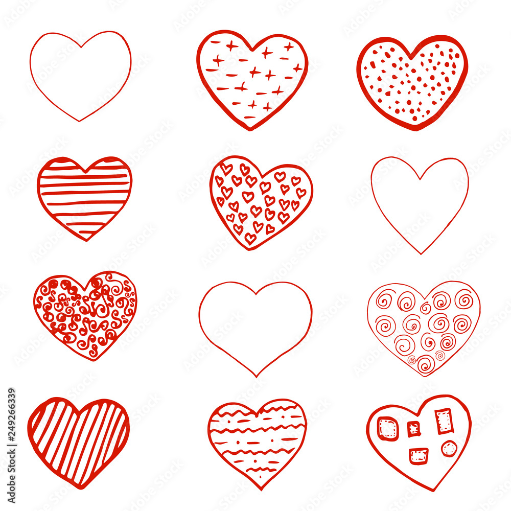 Set of Red hand drawn hearts on white background. Design element for Valentine s day. Print for poster, t-shirt, bags, postcard, sweatshirt, flyer.