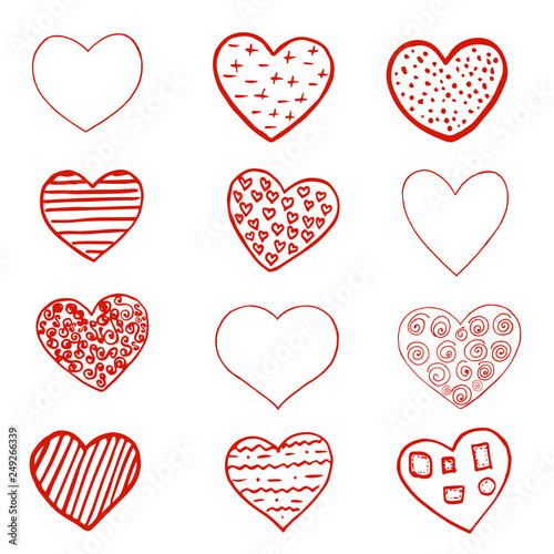 Set of Red hand drawn hearts on white background. Design element for Valentine s day. Print for poster, t-shirt, bags, postcard, sweatshirt, flyer.