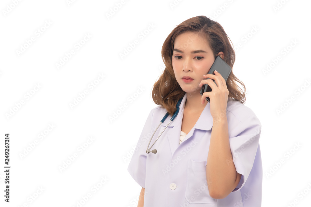 Portrait of asian woman doctor wearing uniform serious call phone isolated on white background; Healthcare concept. Portrait of asian woman doctor wearing uniform serious call phone isolated on white background; Healthcare concept.