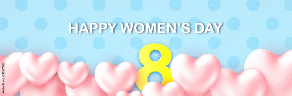 8 March card to International Womens Day with a Lettering. Paper number 8 and Hearts on polca dot pattern. Lovely card, web header, poster, postcard, add.