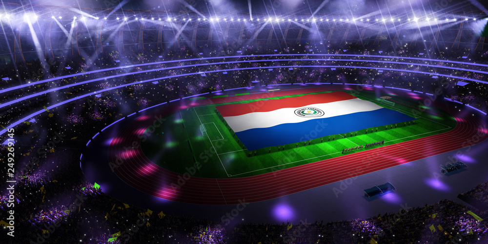 people hold Paraguay flag in stadium arena. field 3d photorealistic render