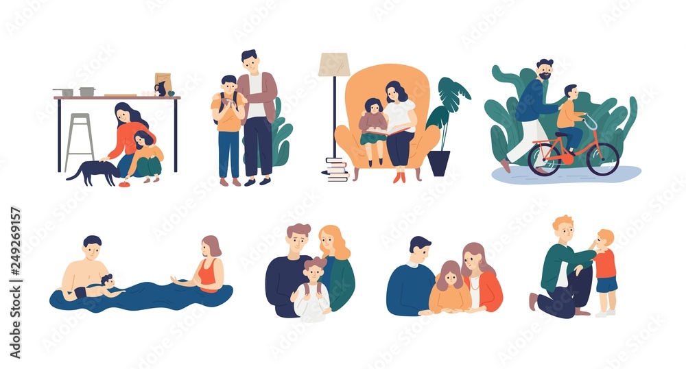 Bundle of happy loving family scenes. Good parenting and nurturing. Care, trust and support between parents and children. Mother and father educating and teaching their kid. Flat vector illustration.