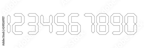 White digital numbers with black outline. Seven-segment display is used in calculators, digital clocks or electronic meters. Vector illustration