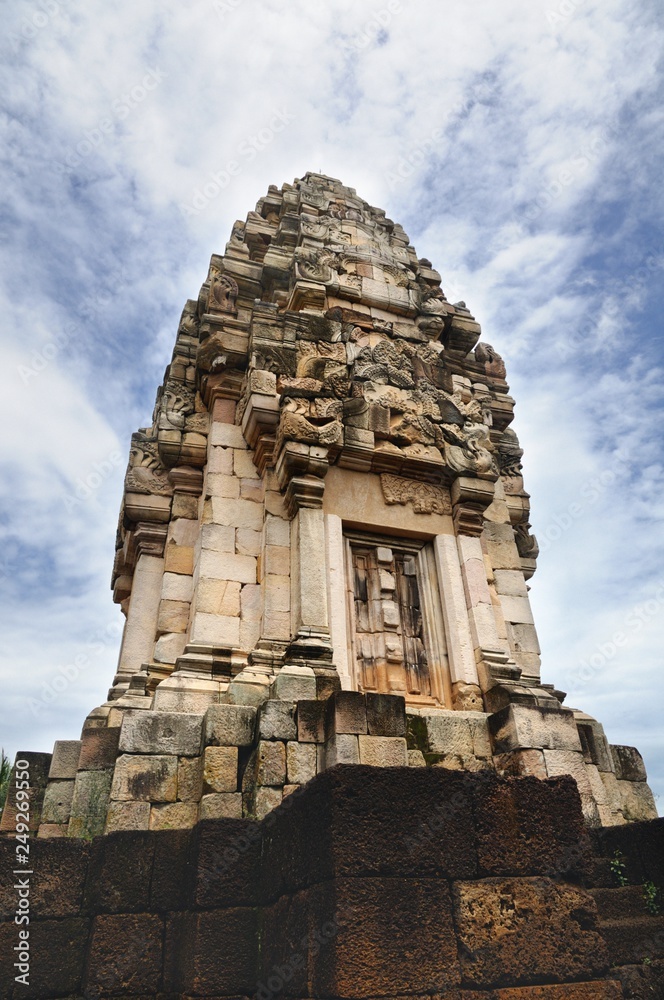 Main tower of 11th-century ancient Khmer temple Prasat Sdok Kok Thom built of red sandstone and laterite in Sa Kaeo province of Thailand