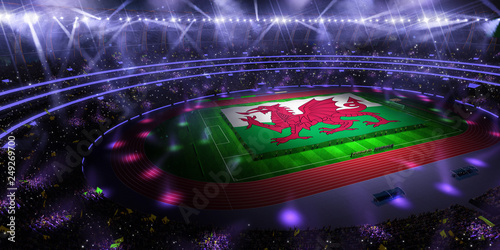 people hold Wales flag in stadium arena. field 3d photorealistic render illustration
