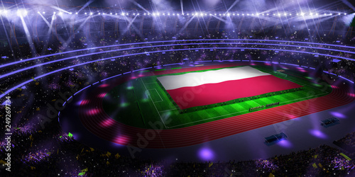 people hold Poland flag in stadium arena. field 3d photorealistic render illustration