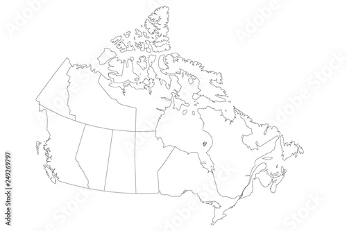 Map of Canada divided into 10 provinces and 3 territories. Administrative regions of Canada. Blank white map with black outline. Vector illustration