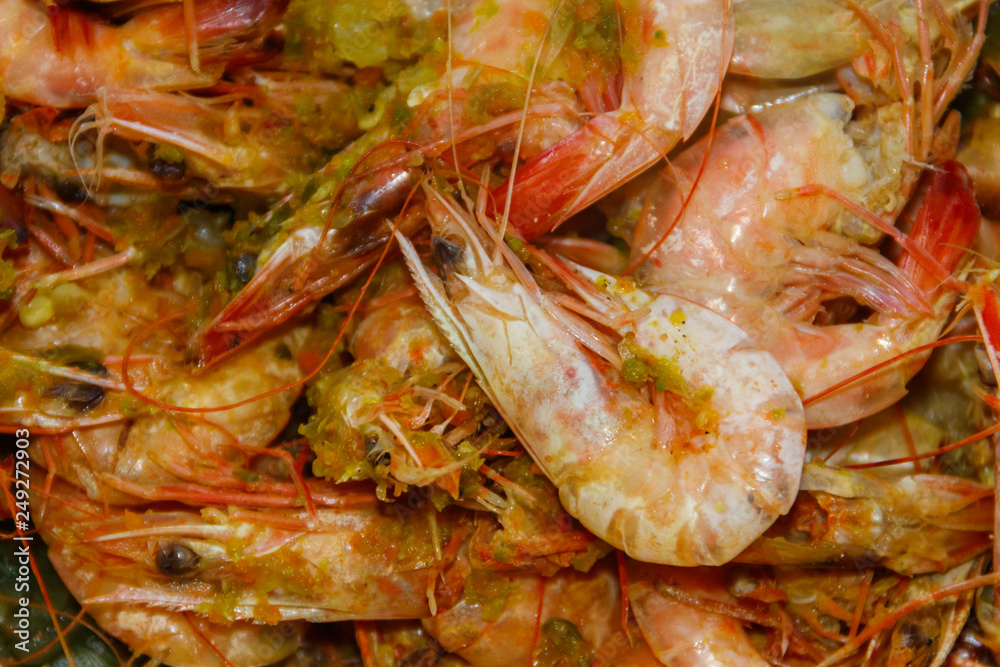Close-up of baked shrimps. Food background Close-up of baked shrimps. Food background