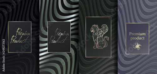 Luxury Premium design. Vector set packaging templates with different texture for luxury products. Collection of design elements with golden foil. Black paper cut background