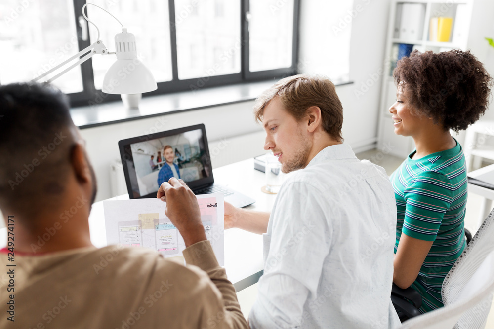 business, online communication and technology concept - happy creative team having video conference at office business, online communication and technology concept - happy creative team having video conference at office