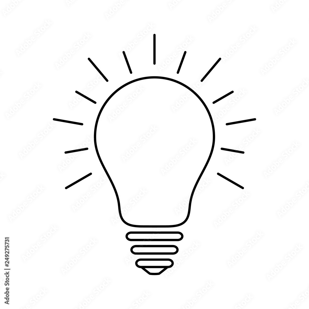 Light bulb icon with rays, idea and creativity symbol, modern thin line art Light bulb icon with rays, idea and creativity symbol, modern thin line art