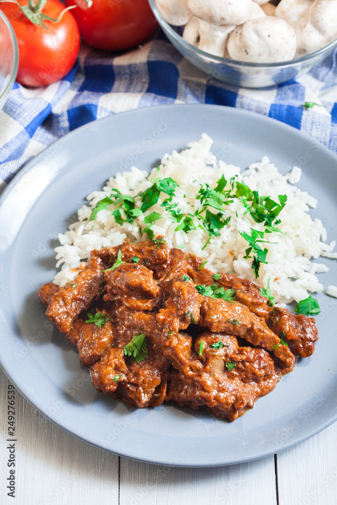 Beef Stroganoff served with rice Beef Stroganoff served with rice