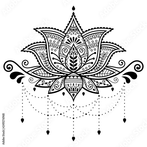 Lotus flower vector design, Indian ornamental pattern, Mehndi henna tattoo decoration - yoga greeting card 