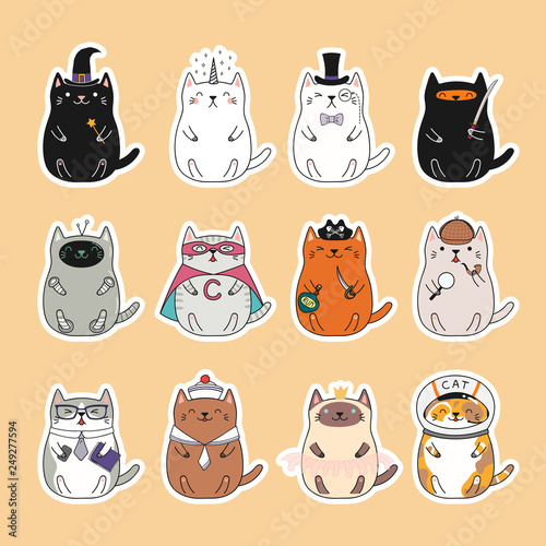 Set of kawaii stickers with fat cats, unicorn, sailor, pirate, witch, princess, superhero, astronaut, detective, ninja. Isolated objects Hand drawn vector illustration Design concept kids print