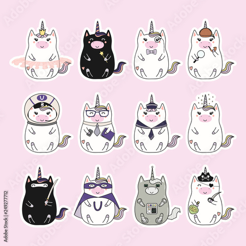 Set of kawaii stickers with fat unicorns, pirate, princess, superhero, astronaut, detective, gentleman, robot, businessman. Isolated objects. Hand drawn vector illustration Design concept kids print