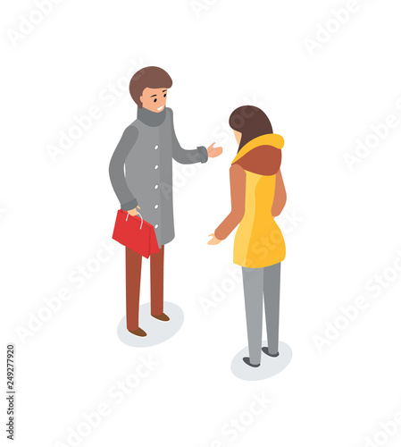 Man and woman talking outdoors, discussion of couple vector. Male and female outside, wearing winter clothes, jackets and trousers. People wintertime