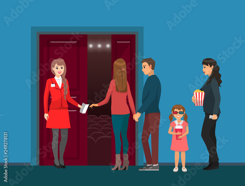 Movies theatre, cinema hall entrance, spectators and check-taker vector. Woman with popcorn, girl in 3D glasses with soda, couple and administrator