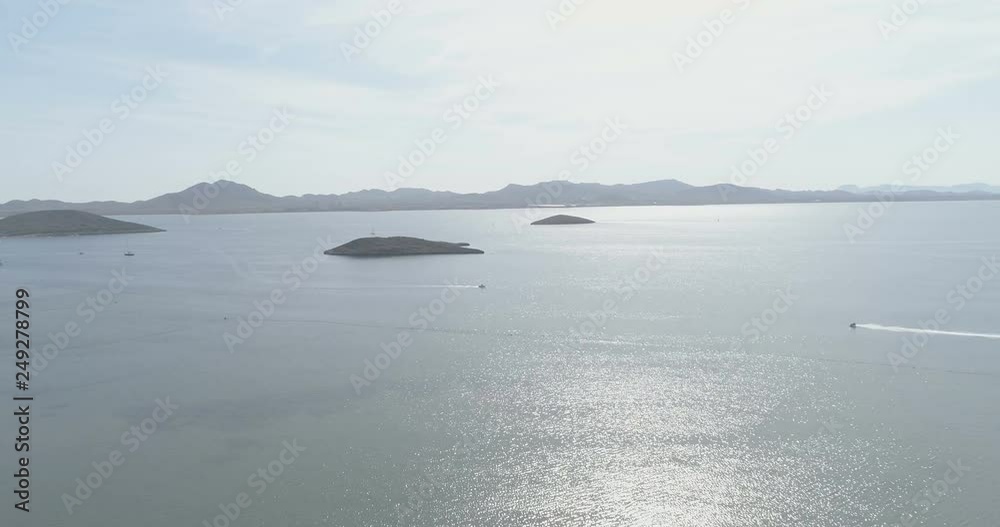 Aerial panoramic view of boats and coastline of foreland La Manga del Mar Menor, Cartagena, Murcia, Spain 2018, Sunny day, clear sky. 2 Aerial panoramic view of boats and coastline of foreland La Manga del Mar Menor, Cartagena, Murcia, Spain 2018, Sunny day, clear sky. 2