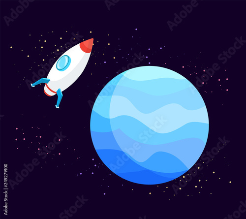 Launching of rocket vector, spaceship exploring galaxy. Starry night sky with stars, Earth with ship floating in space, outer researches of astronomy