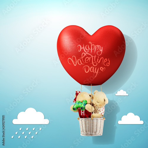 Happy valentine’s day lettering on 3D red heart hot air  balloon floating on red background ; Air travel and aircraft,Tourism and recreation. Sky objects. photo