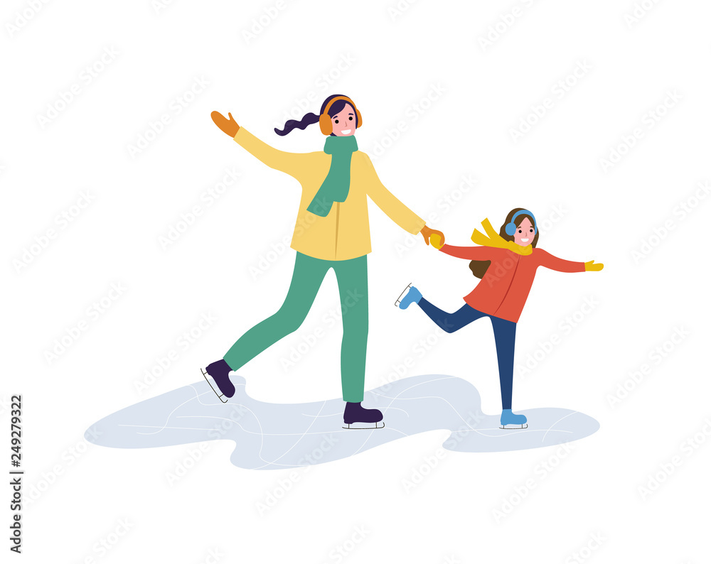Mum and daughter holding each others and skating. Woman and child in jacket and scarf with earmuffs. Winter family scene isolated on white vector