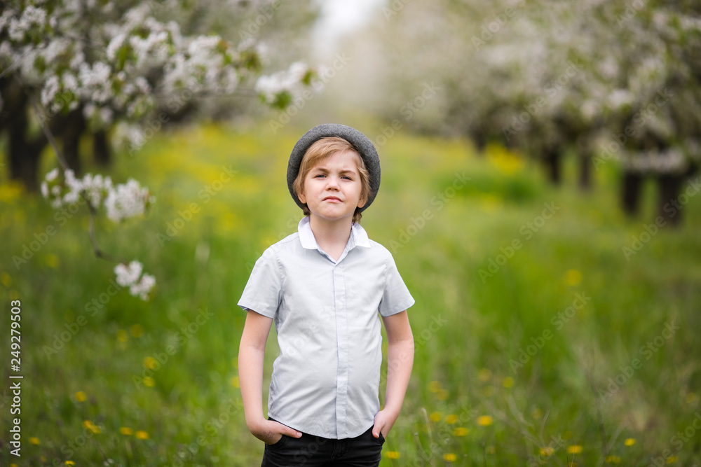 cute happy boy of 6-7 years old in a white stylish shirt, and a hat on nature in the blooming cherry apple garden of early spring cute happy boy of 6-7 years old in a white stylish shirt, and a hat on nature in the blooming cherry apple garden of early spring