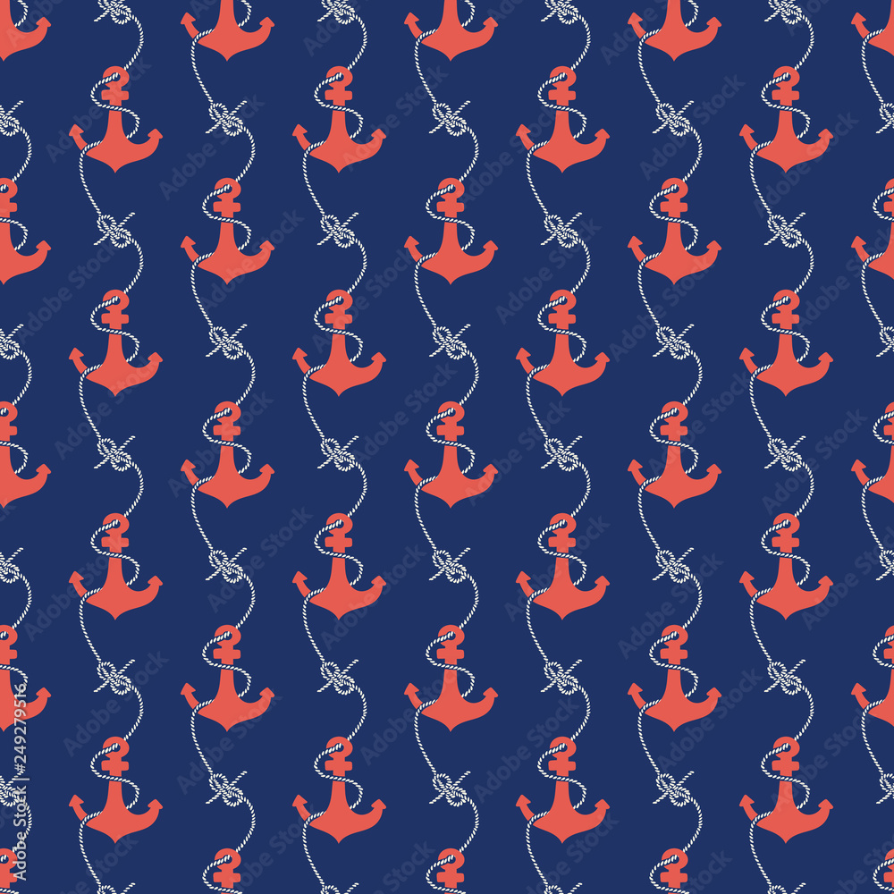 Hand-Drawn Vertical Stripes with Anchors and Intertwined Rope Zeppelin Bend Nautical Knots Vector Seamless Pattern
