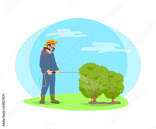 Farmer spray chemicals on shrubs vector cartoon icon. Man in protective suit and respirator splashing pesticides from harmful insects and plants.