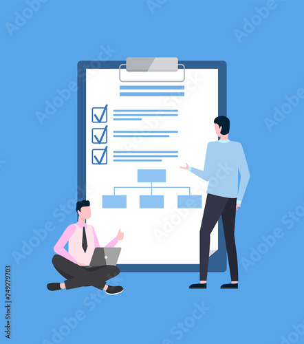 Business plan, checklist and entrepreneurs with laptop vector. Businessman planning startup on notepad, financial development and entrepreneurship