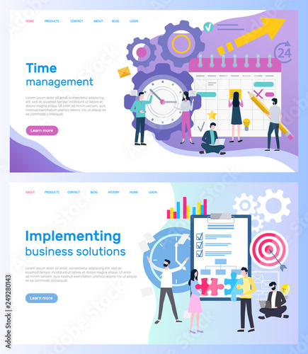 Time management and implementing business solutions vector. Calendar and clock, organizer and notepad, target with arrow male and female entrepreneurs. Website or webpage template landing page in flat