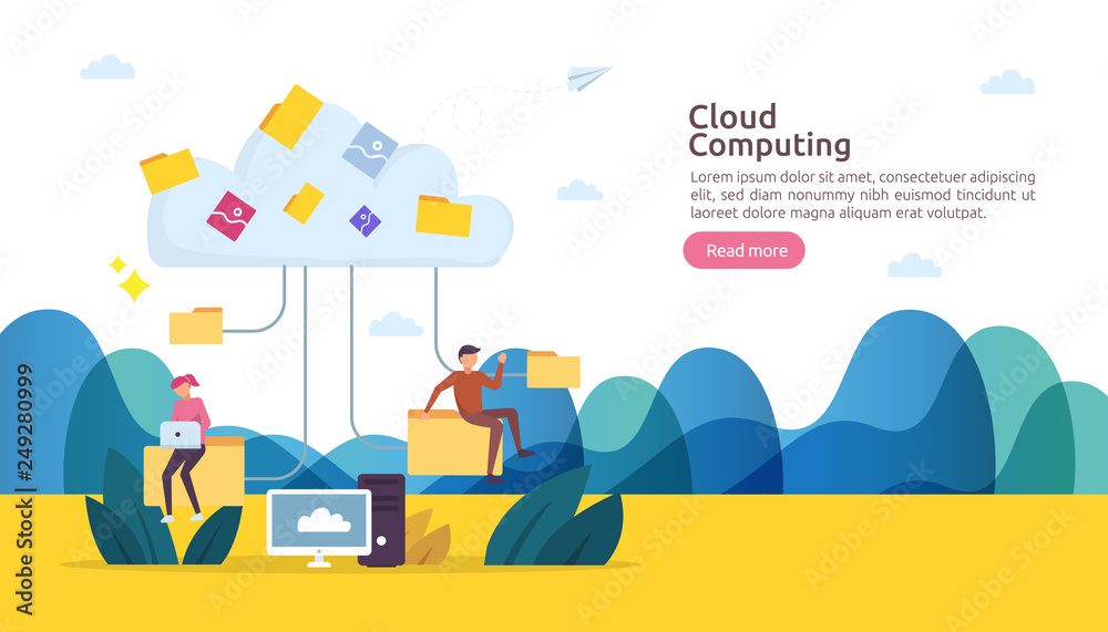 Cloud computing concept. Hosting network service or Online database storage system with people character for web landing page template, banner, presentation, social, and print media with flat style.