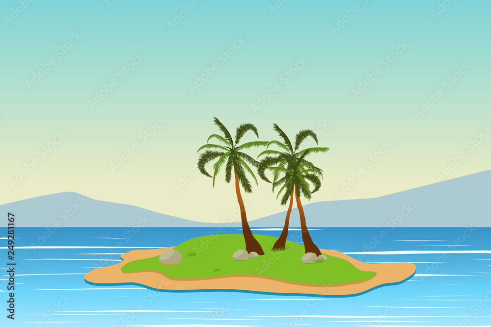 Tropical landscape. Summer background. Palm trees. Silhouette. Vector illustration