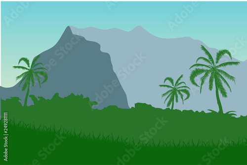 Tropical landscape. Summer background. Palm trees. Silhouette. Vector illustration