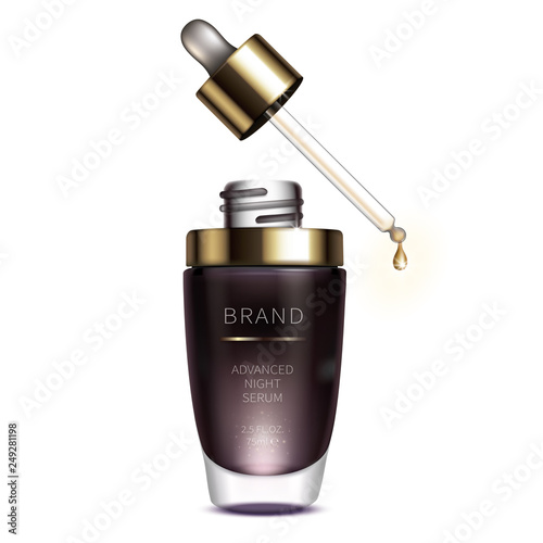 Night cosmetic serum for face skin care, realistic vector. Purple glass bottle with dripping pipette and liquid golden drop of revitalizing serum, isolated on white. Brand design for premium cosmetics