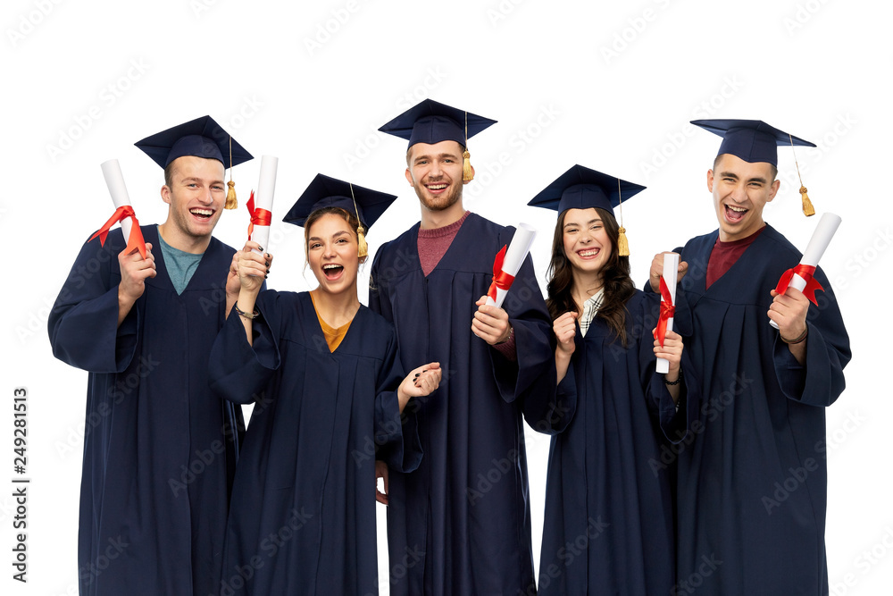 education, graduation and people concept - group of happy graduate students in mortar boards and bachelor gowns with diplomas over white background education, graduation and people concept - group of happy graduate students in mortar boards and bachelor gowns with diplomas over white background