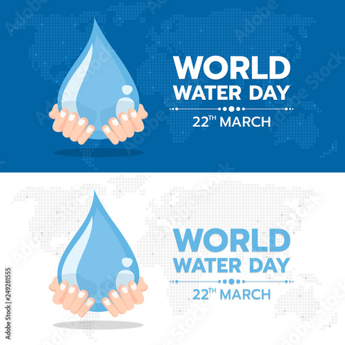 World water day banner with hand hold drop water sign on dot map world  texture background vector design