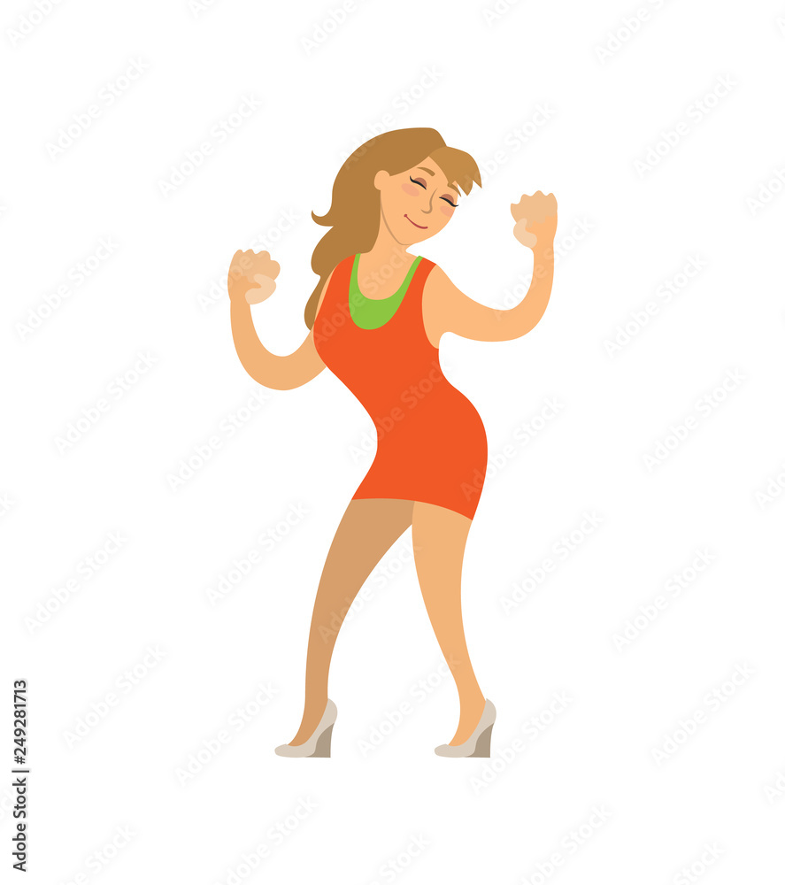 Dancing girl moving body on music isolated lady vector. Woman wearing short dress enjoying song on disco, happy female on party, partying hard lady Dancing girl moving body on music isolated lady vector. Woman wearing short dress enjoying song on disco, happy female on party, partying hard lady