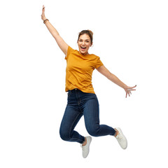 motion, freedom and people concept - happy young woman or teenage girl jumping over white background