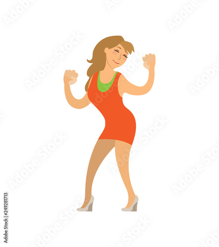 Dancing girl moving body on music isolated lady vector. Woman wearing short dress enjoying song on disco, happy female on party, partying hard lady