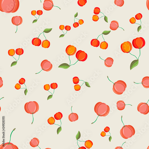 Malpighia glabra. Red acerola berry seamless pattern. eco food