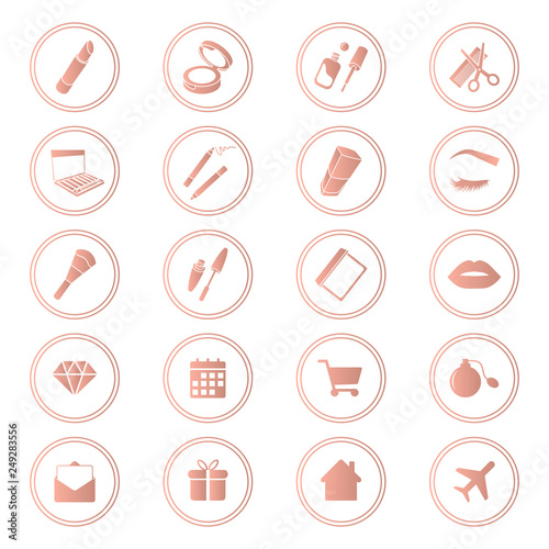 Beauty shop icons, makeup and cosmetics set, rose gold color