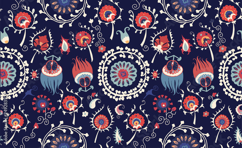 Wallpaper Mural Vector floral seamless pattern. Uzbek suzani national ornament for textile embroidery. Arabic, Indian, Turkish style flowers background. Texture for print, wallpaper, home decor, fabric, ceramic tile. Torontodigital.ca