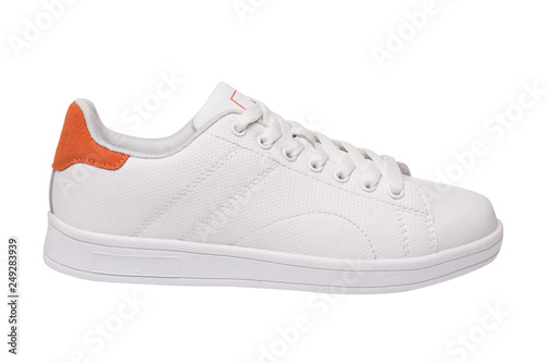 one white sneaker with an orange insert, sports shoes, on a white background, isolate
