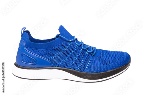 One blue summer sneaker, mesh cloth, on a white background, isolate